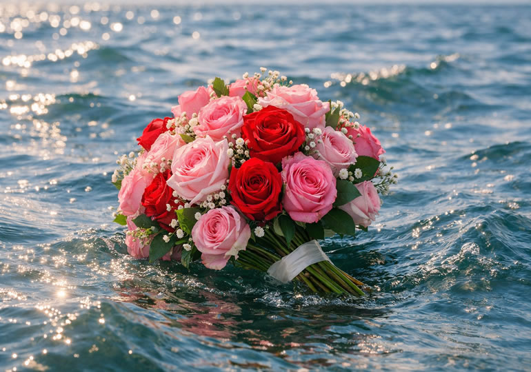 海に浮かぶバラの花束