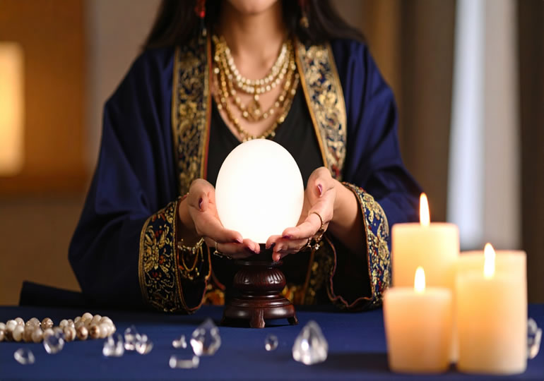 水晶を持つ女性占い師